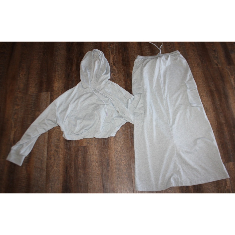 Women two piece skirt set Size Medium GRAY hooded sweatshirt crop top And Skirt